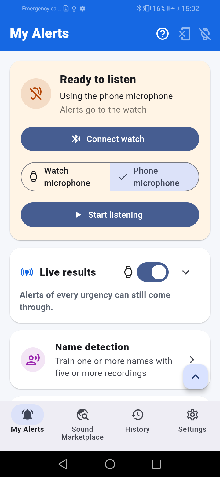 Hear4Me My Alerts screen with phone and watch microphone controls
